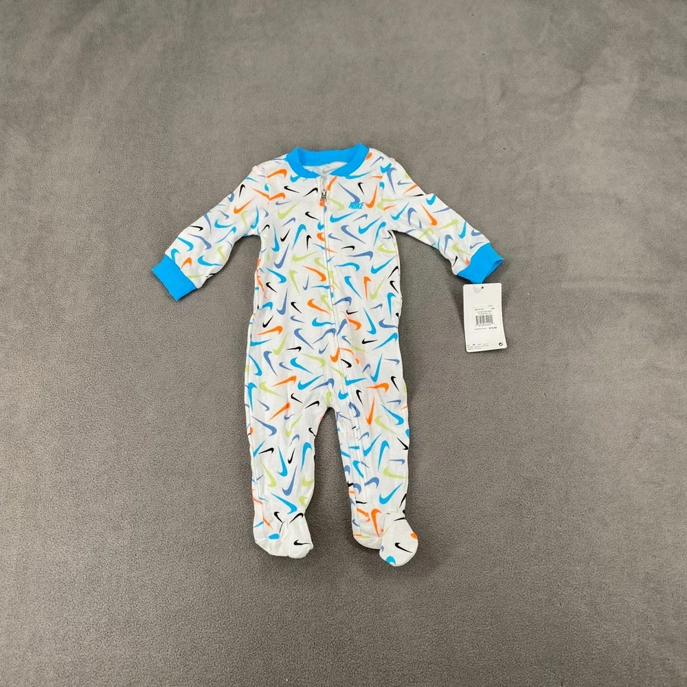 Nike Baby Boy All Over Swoosh Logo Print Footed Coverall Sleeper White Blue 6M